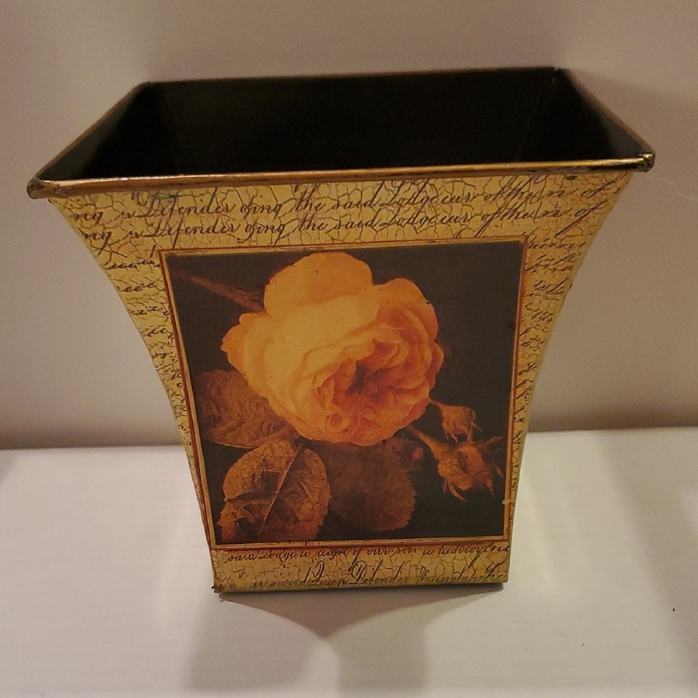Yellow Roses Script Candle Holder Flower Pot Container Floral - Picture 5 of 6